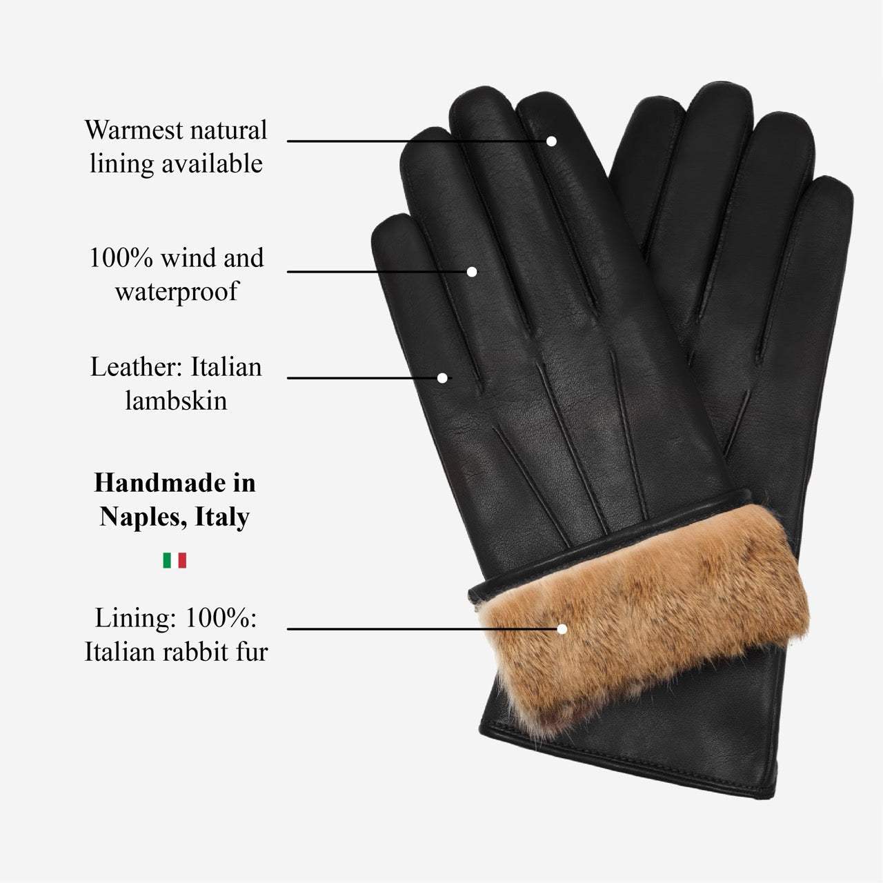 Francesca (black) - Italian lambskin leather gloves with brown rabbit fur lining - Leather Gloves Online - Flyclothing LLC