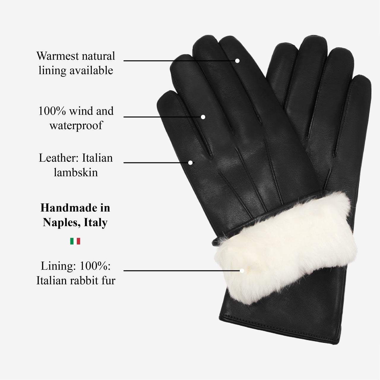 Francesca (black) - Italian lambskin leather gloves with white rabbit fur lining - Leather Gloves Online - Flyclothing LLC