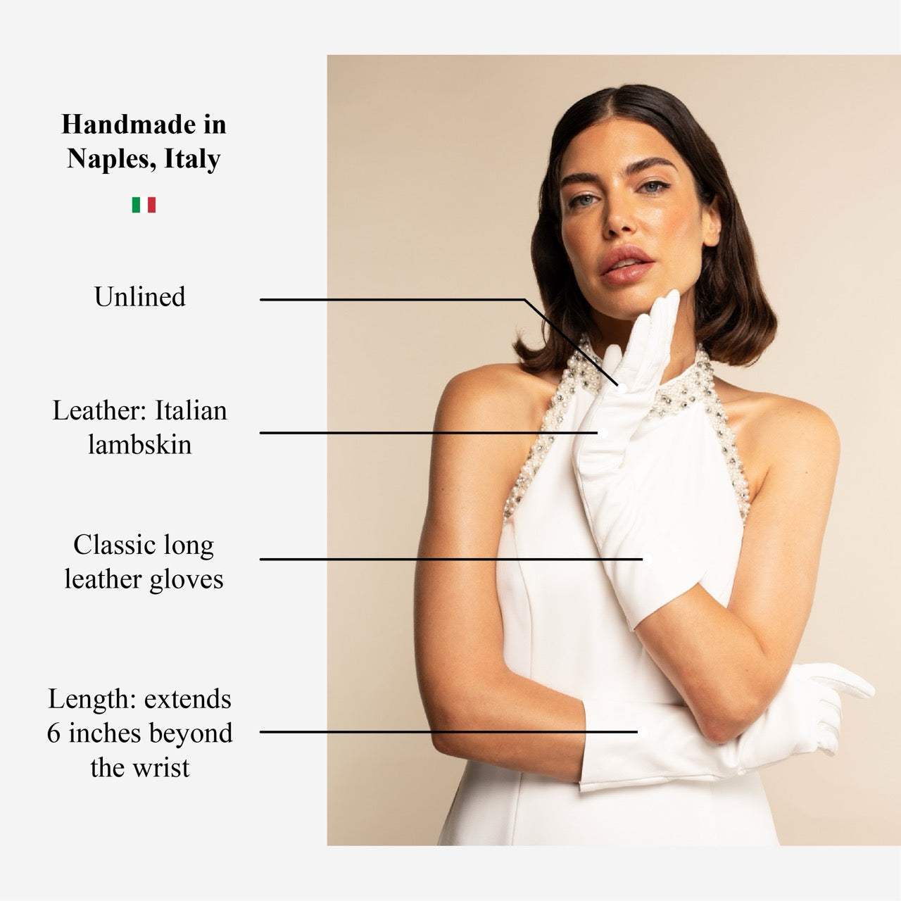 Gabriella (white) - Italian unlined 6-button length leather bridal / opera gloves - Leather Gloves Online - Flyclothing LLC