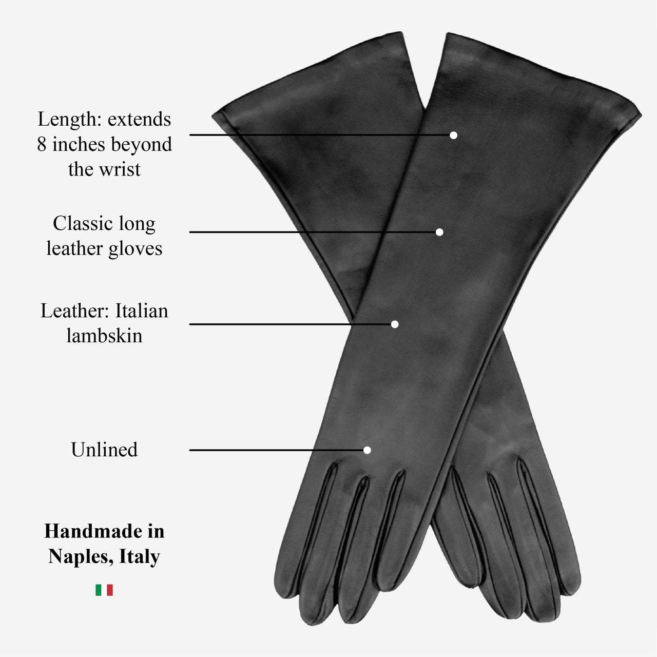 Lucia (black) - Italian unlined 8-button length leather opera gloves
