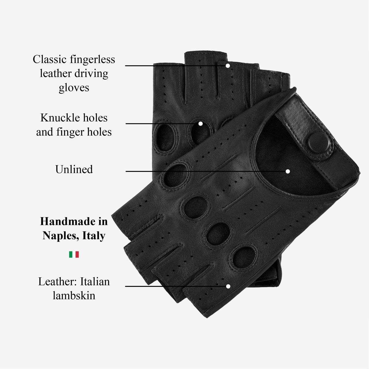 Rossana (black) - Italian fingerless lambskin leather driving gloves