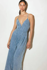 EASED LINE LIGHT DENIM JUMPSUIT - Flying Tomato - Flyclothing LLC