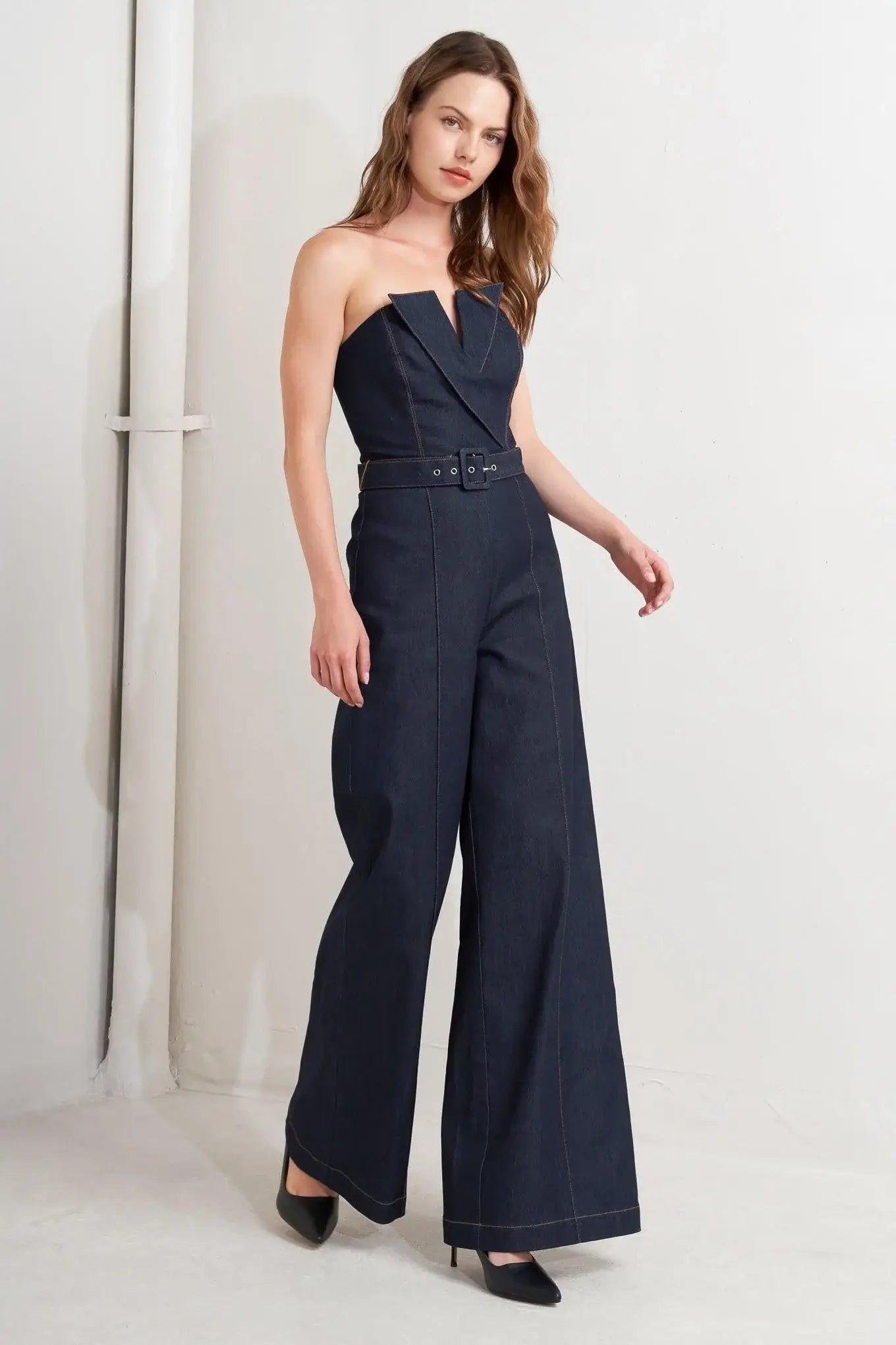 LE BONHEUR V CUT VOW DENIM JUMPSUIT - Flying Tomato - Flyclothing LLC