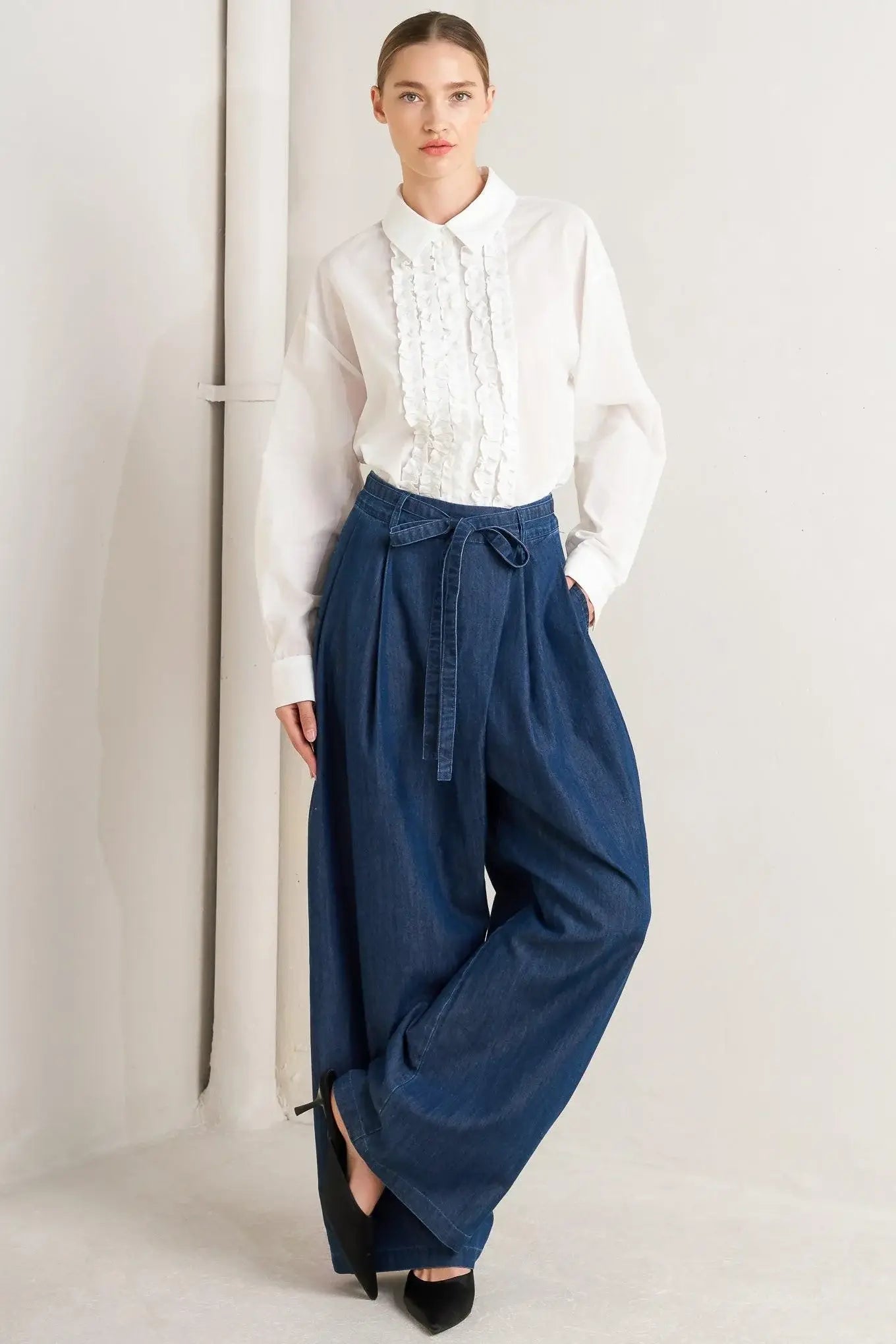 RELAXED TAILORED DENIM LOOSE FITTING PANTS - Flying Tomato - Flyclothing LLC