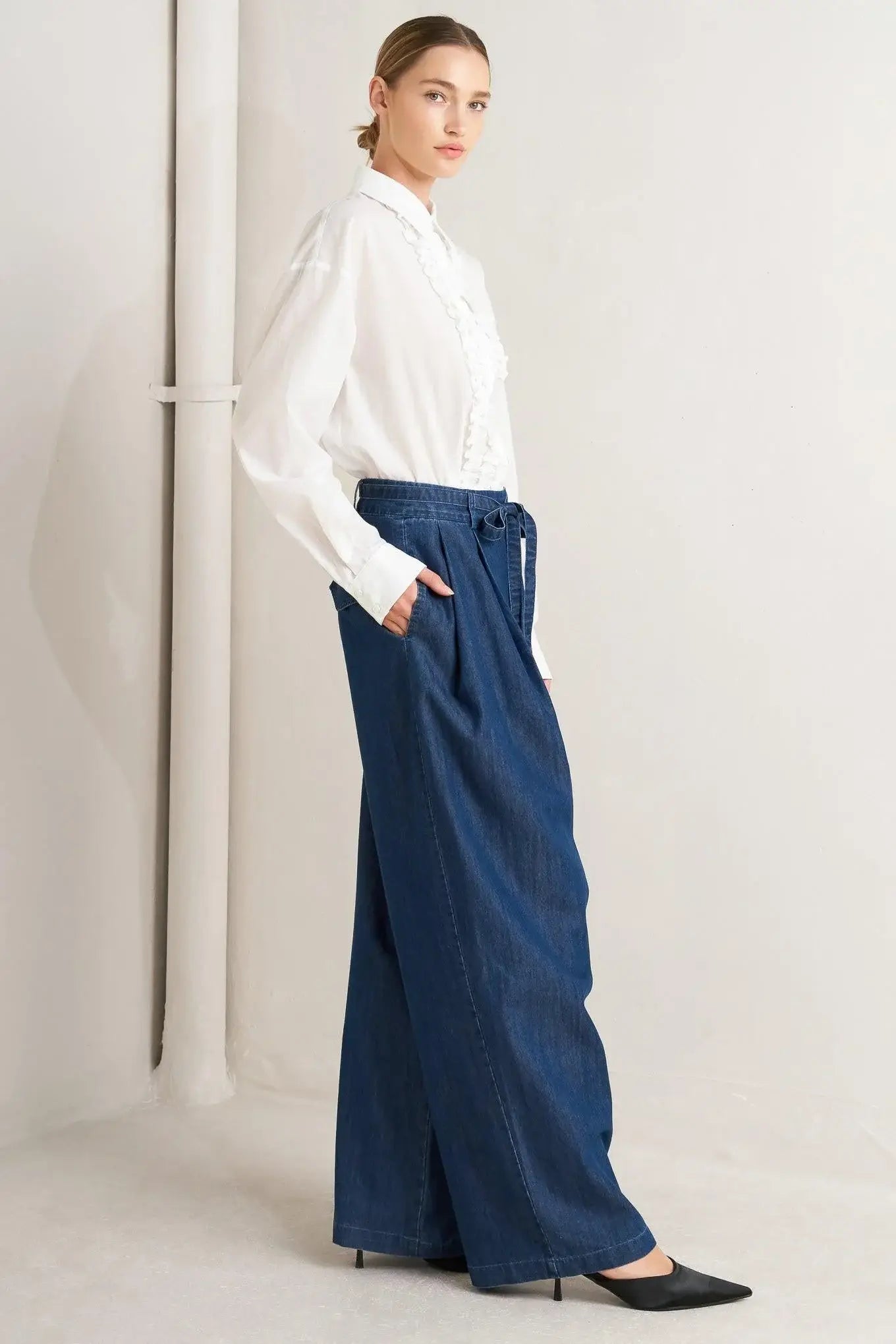 RELAXED TAILORED DENIM LOOSE FITTING PANTS - Flying Tomato - Flyclothing LLC