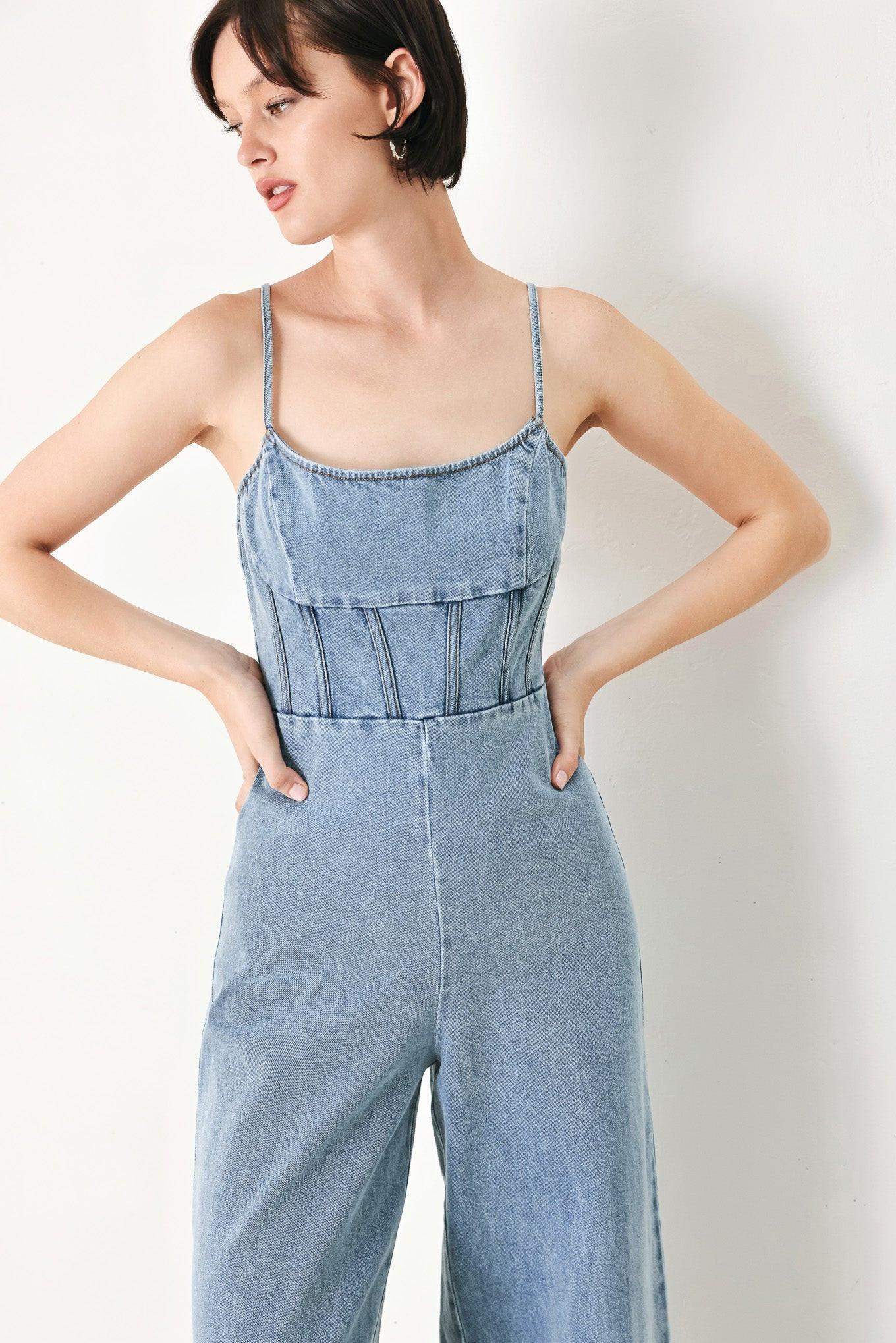 SKYLINE SWEETHEART DENIM JUMPSUIT - Flying Tomato - Flyclothing LLC