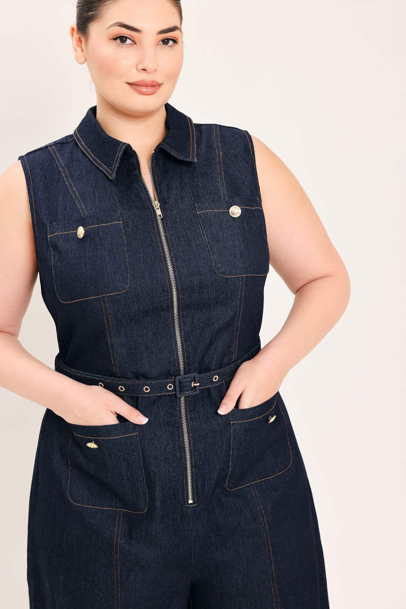 SLEEVELESS WORKWEAR DENIM JUMPSUIT - Flying Tomato - Flyclothing LLC