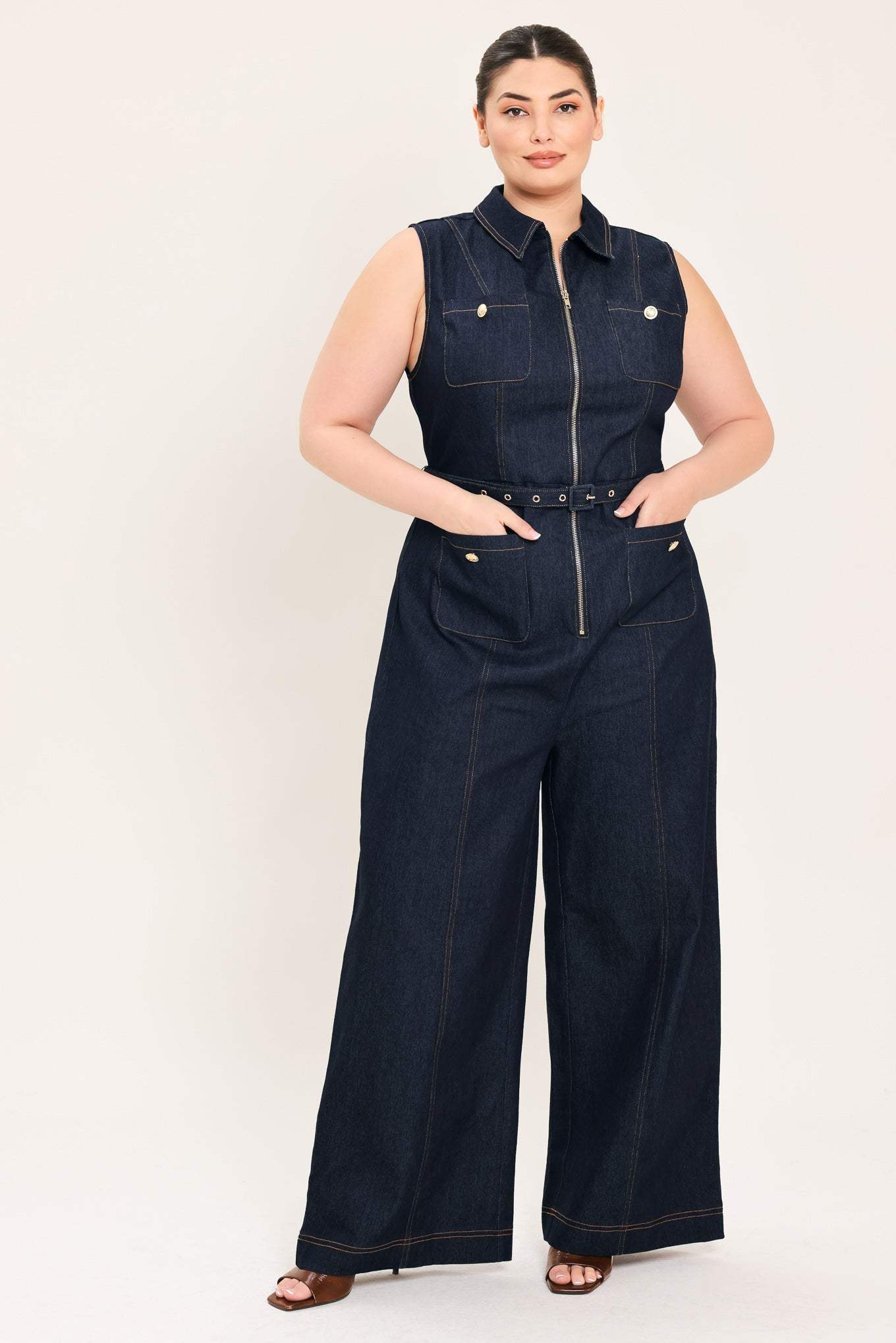 SLEEVELESS WORKWEAR DENIM JUMPSUIT - Flying Tomato - Flyclothing LLC