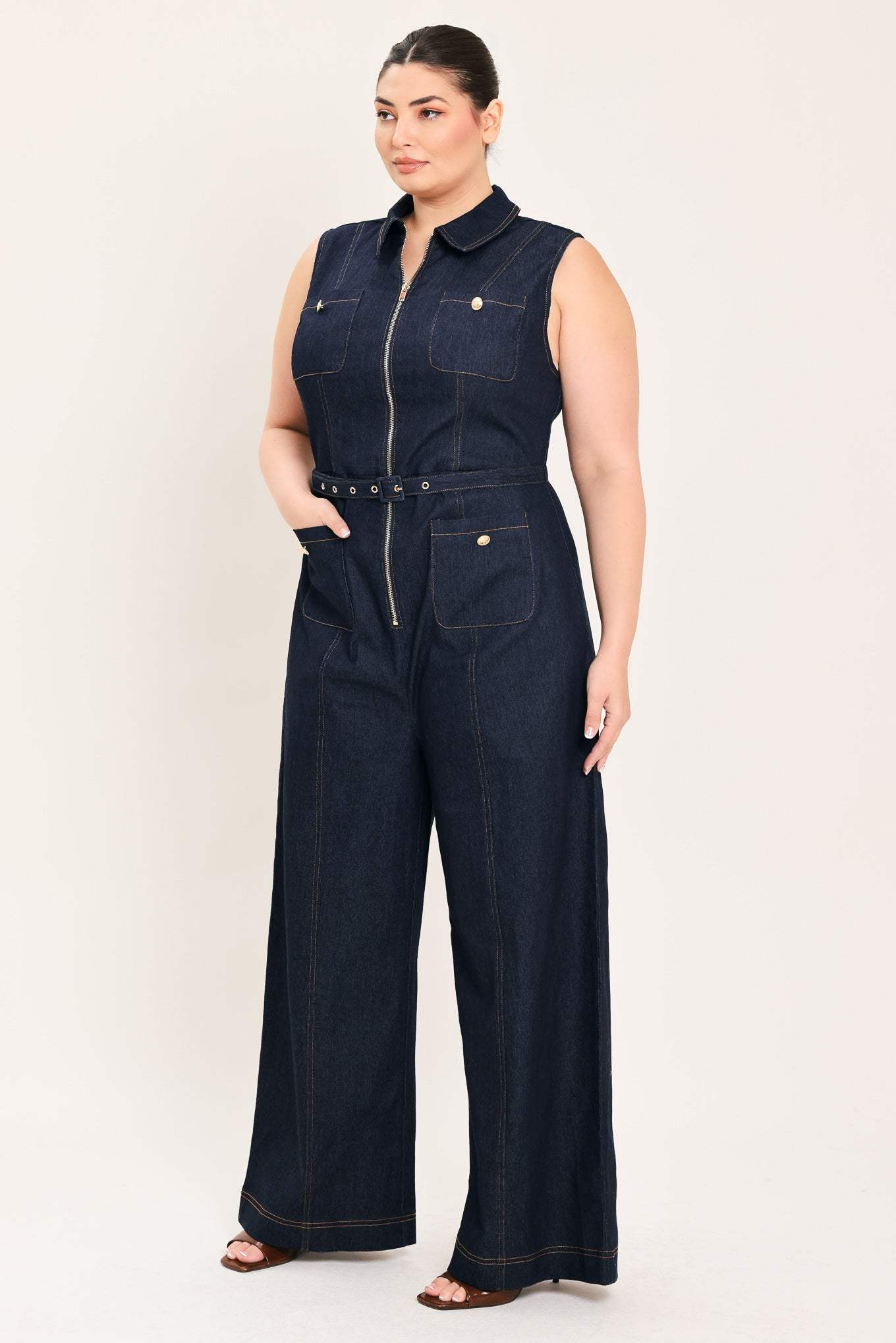 SLEEVELESS WORKWEAR DENIM JUMPSUIT - Flying Tomato - Flyclothing LLC
