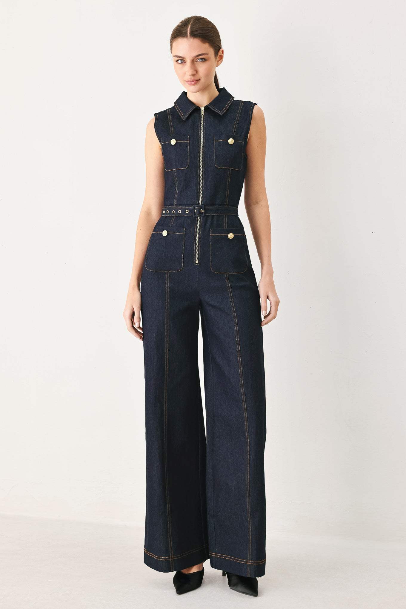 SLEEVELESS WORKWEAR DENIM JUMPSUIT