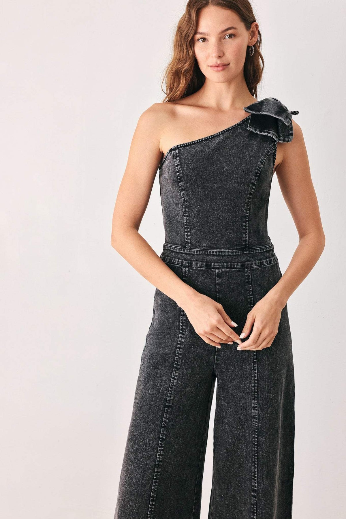 GRAPHITE PETAL EDGE DENIM JUMPSUIT - Flying Tomato - Flyclothing LLC