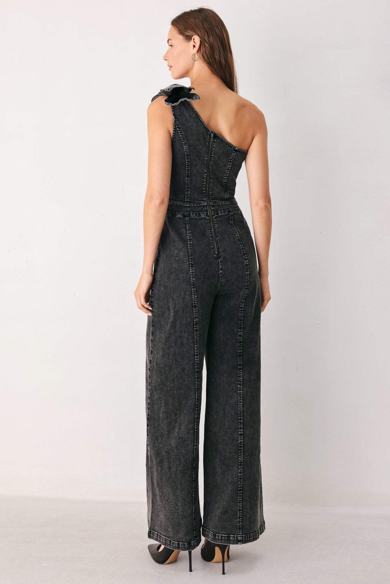GRAPHITE PETAL EDGE DENIM JUMPSUIT - Flying Tomato - Flyclothing LLC