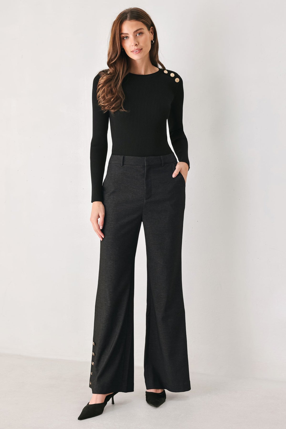 COMMAND NOIR BLACK BUTTON-HEM FLARE PANTS - Flying Tomato - Flyclothing LLC