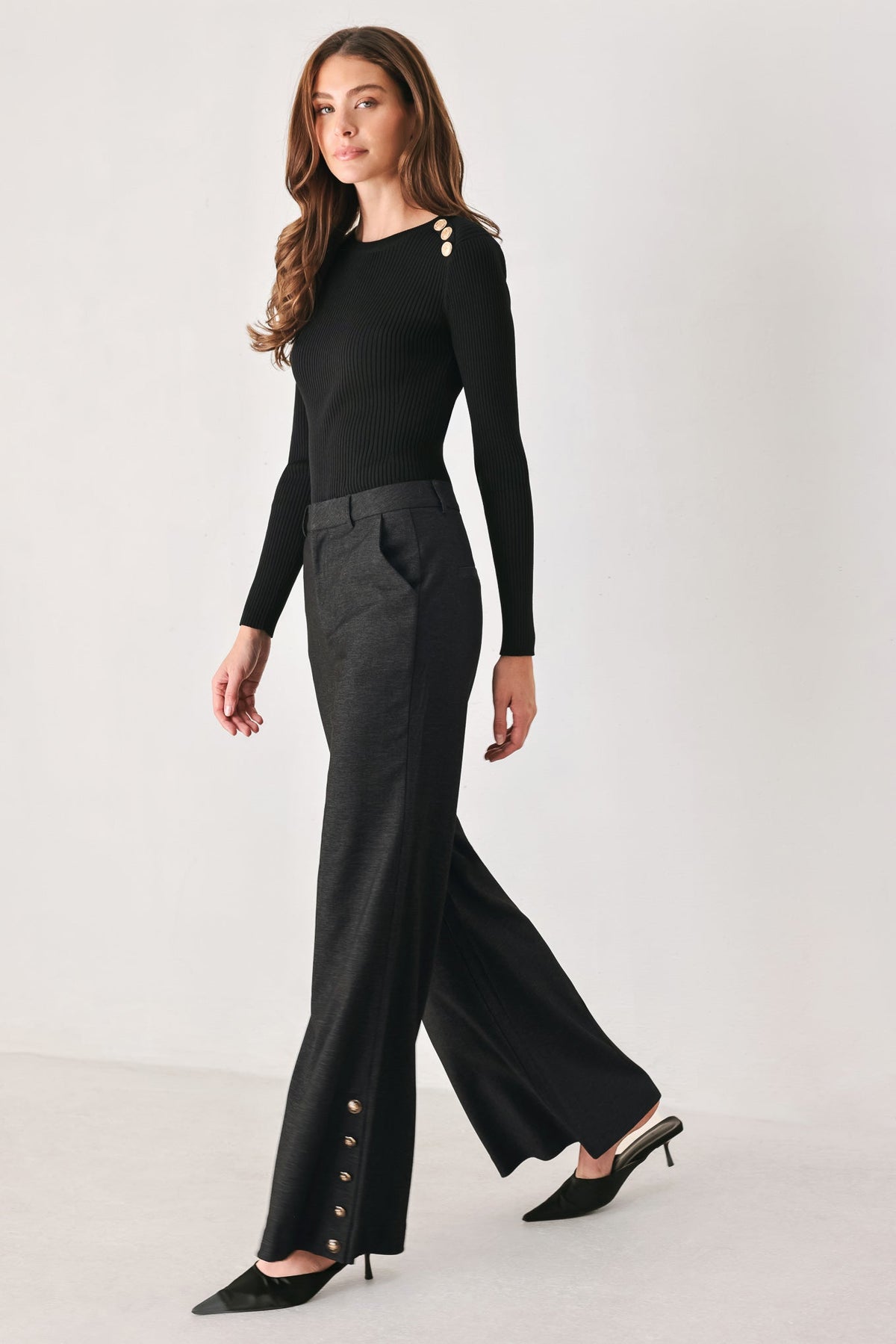 COMMAND NOIR BLACK BUTTON-HEM FLARE PANTS - Flying Tomato - Flyclothing LLC