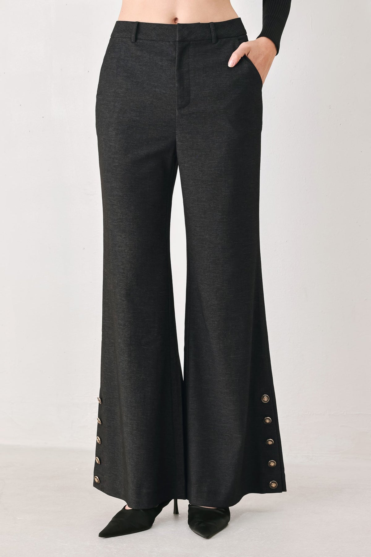 COMMAND NOIR BLACK BUTTON-HEM FLARE PANTS - Flying Tomato - Flyclothing LLC