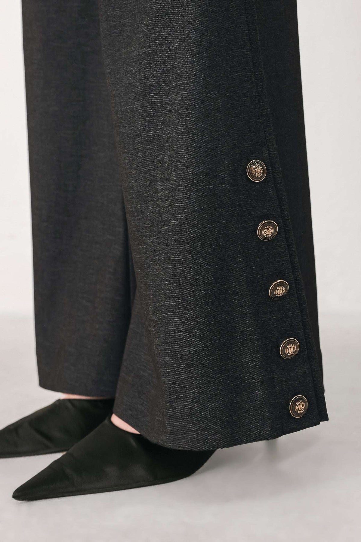 COMMAND NOIR BLACK BUTTON-HEM FLARE PANTS - Flying Tomato - Flyclothing LLC