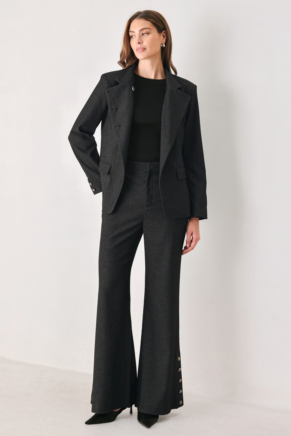 COMMAND NOIR BLACK BUTTON-HEM FLARE PANTS - Flying Tomato - Flyclothing LLC