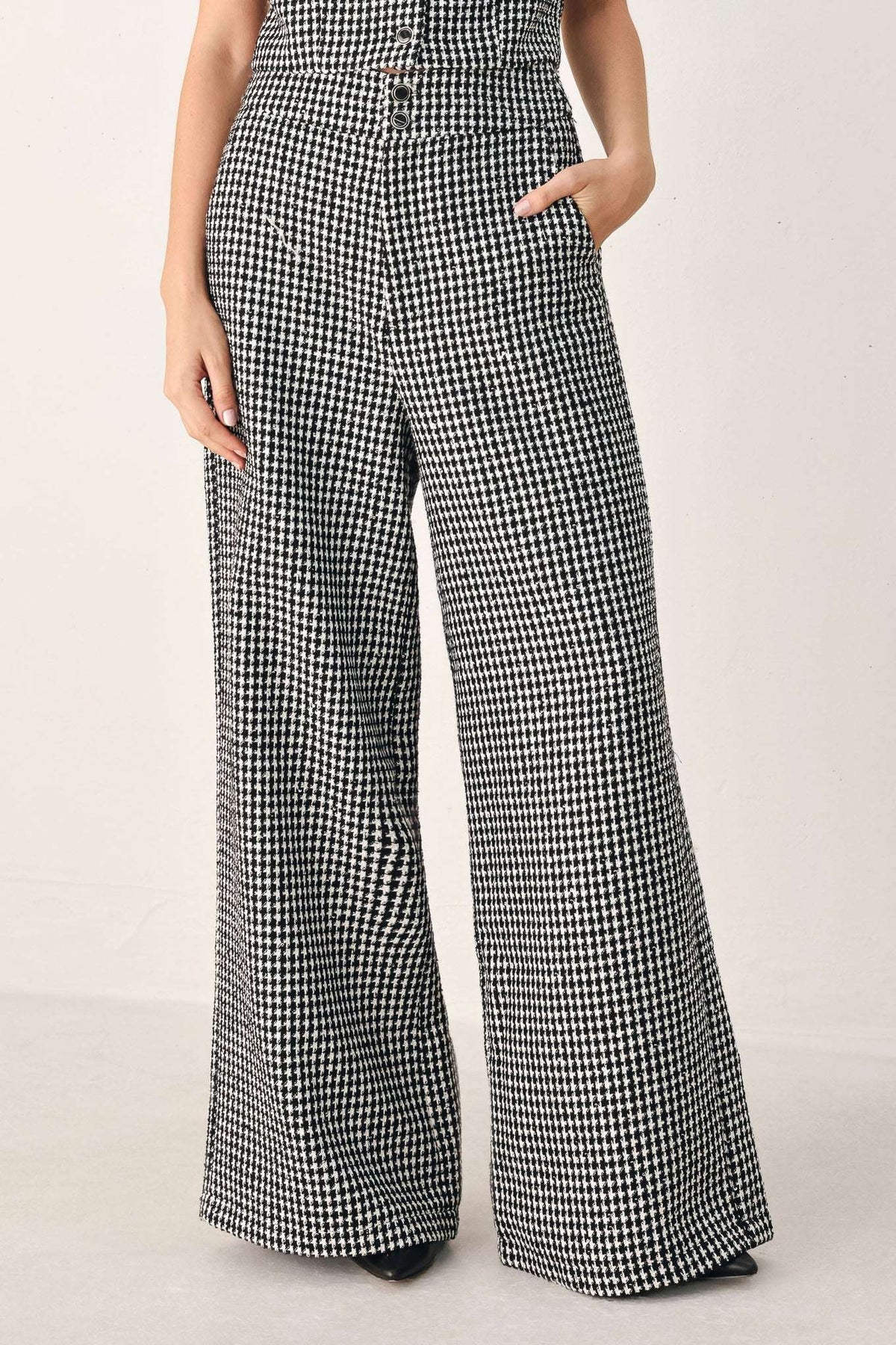 CHECKED IN SPARKLE HOUNDSTOOTH WIDE LEG PANTS - Flying Tomato - Flyclothing LLC