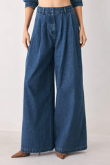BLUE ECHO PLEATED DENIM WIDE LEG PANTS - Flying Tomato - Flyclothing LLC