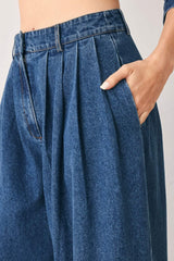 BLUE ECHO PLEATED DENIM WIDE LEG PANTS - Flying Tomato - Flyclothing LLC