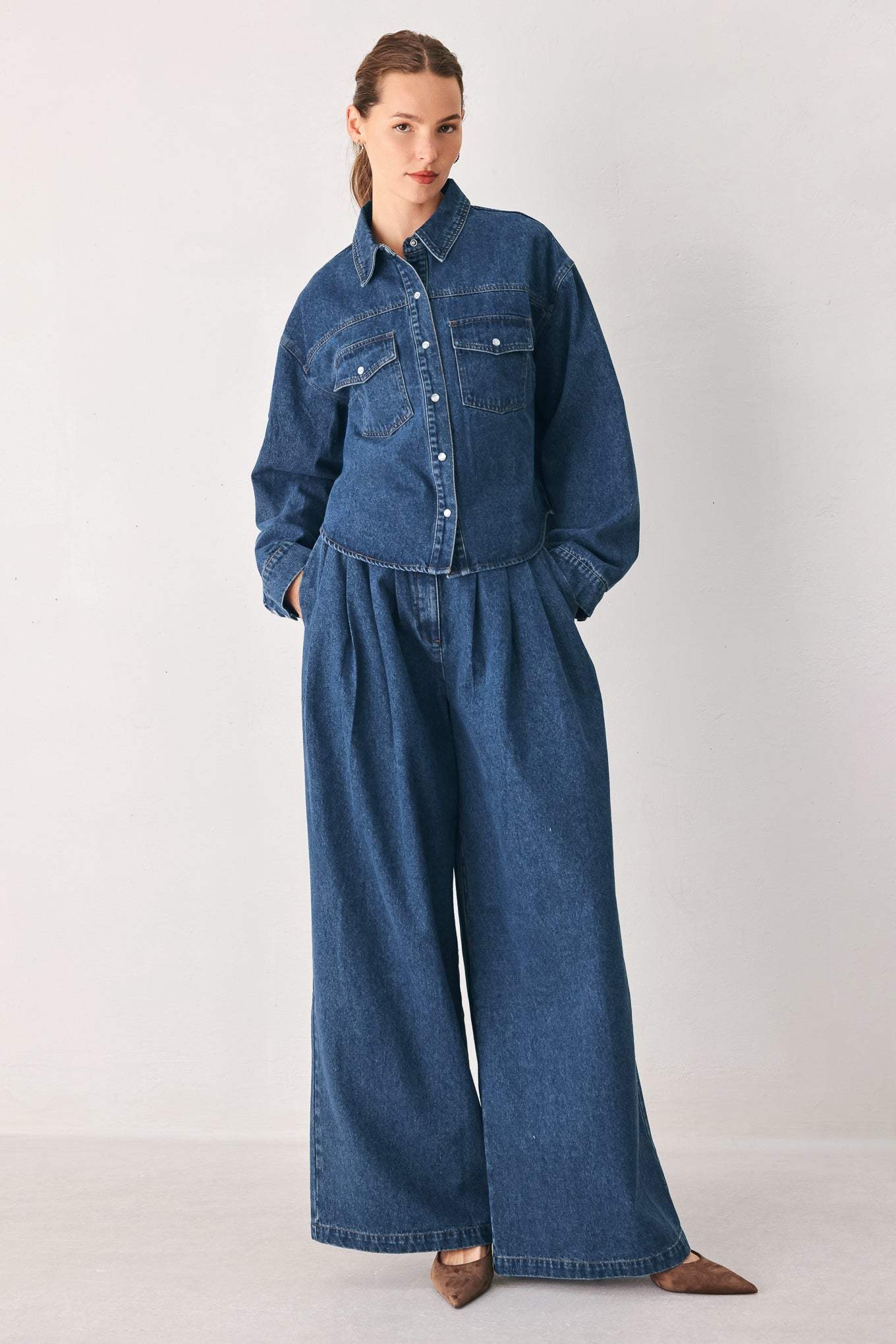BLUE ECHO PLEATED DENIM WIDE LEG PANTS - Flying Tomato - Flyclothing LLC