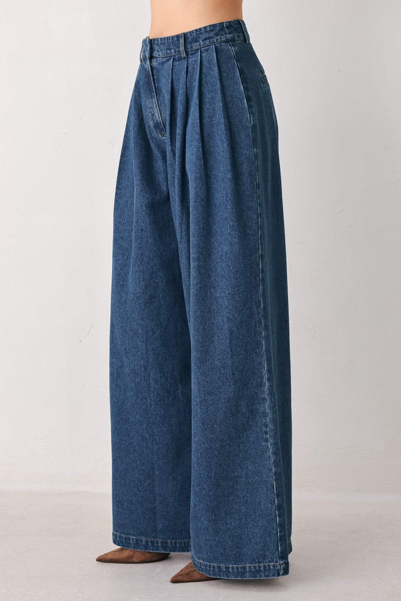 BLUE ECHO PLEATED DENIM WIDE LEG PANTS - Flying Tomato - Flyclothing LLC