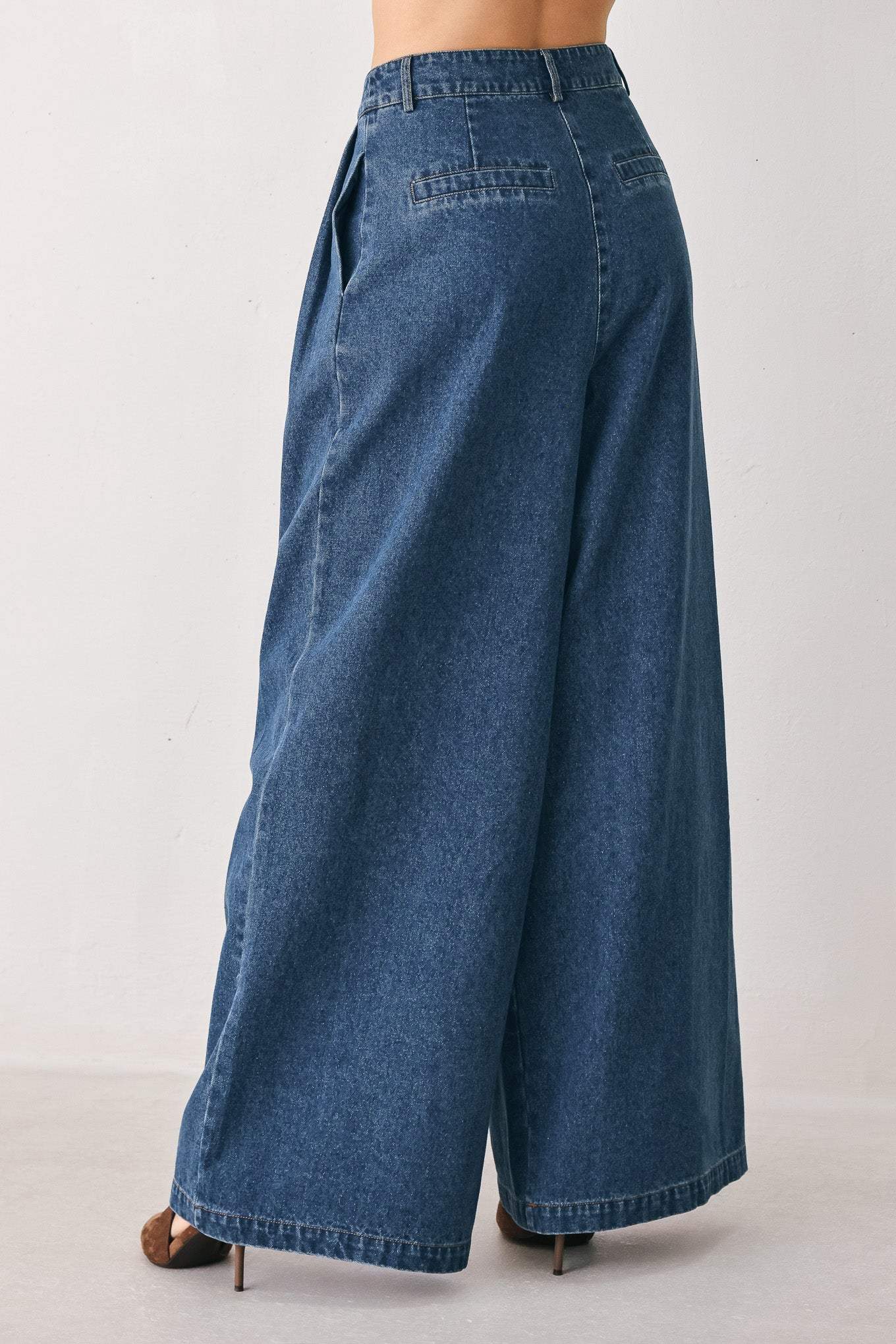 BLUE ECHO PLEATED DENIM WIDE LEG PANTS - Flying Tomato - Flyclothing LLC