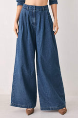 BLUE ECHO PLEATED DENIM WIDE LEG PANTS - Flying Tomato - Flyclothing LLC