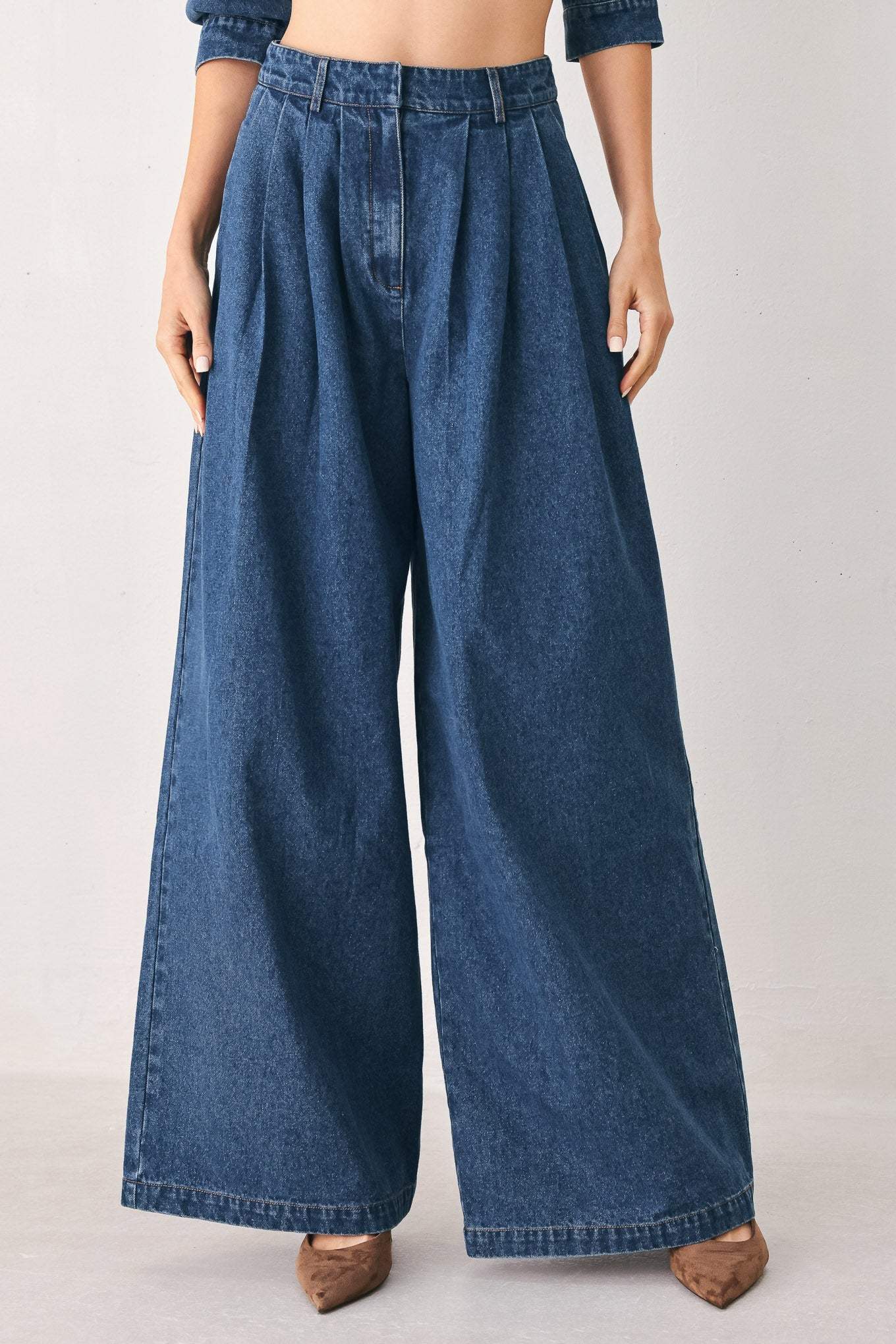 BLUE ECHO PLEATED DENIM WIDE LEG PANTS - Flying Tomato - Flyclothing LLC