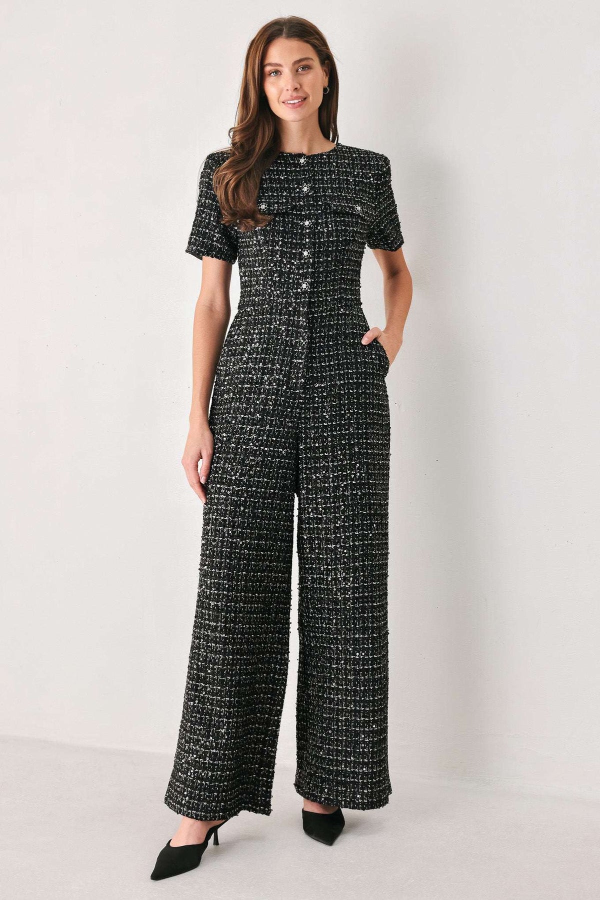 MIDNIGHT TWEED BLACK SEQUIN WIDE-LEG JUMPSUIT - Flying Tomato - Flyclothing LLC