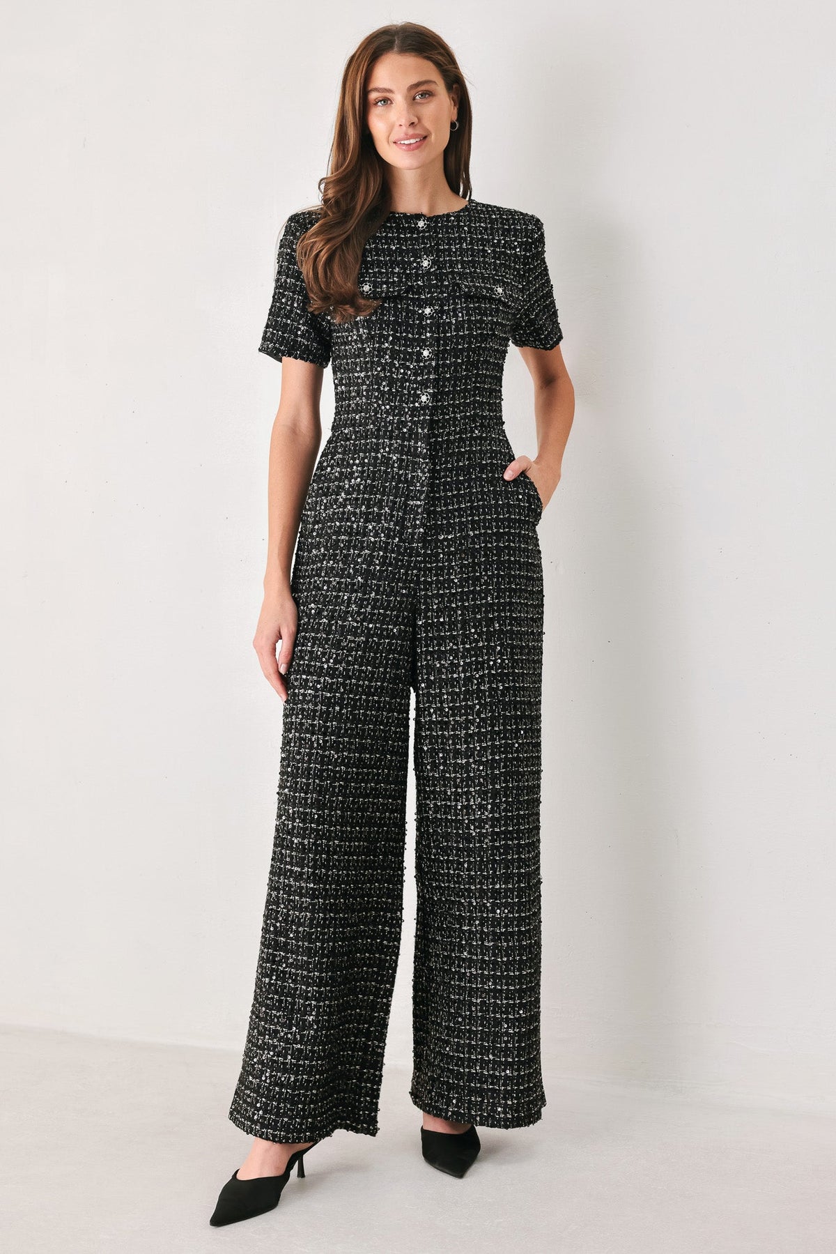 MIDNIGHT TWEED BLACK SEQUIN WIDE-LEG JUMPSUIT