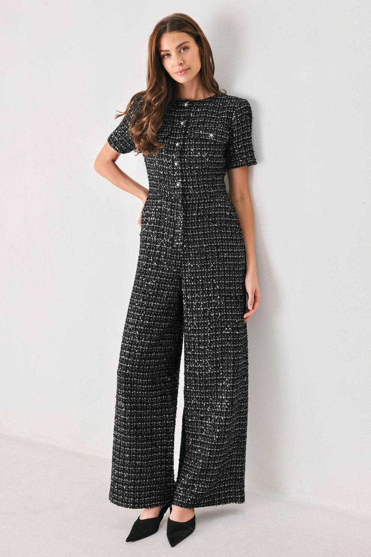 MIDNIGHT TWEED BLACK SEQUIN WIDE-LEG JUMPSUIT - Flying Tomato - Flyclothing LLC