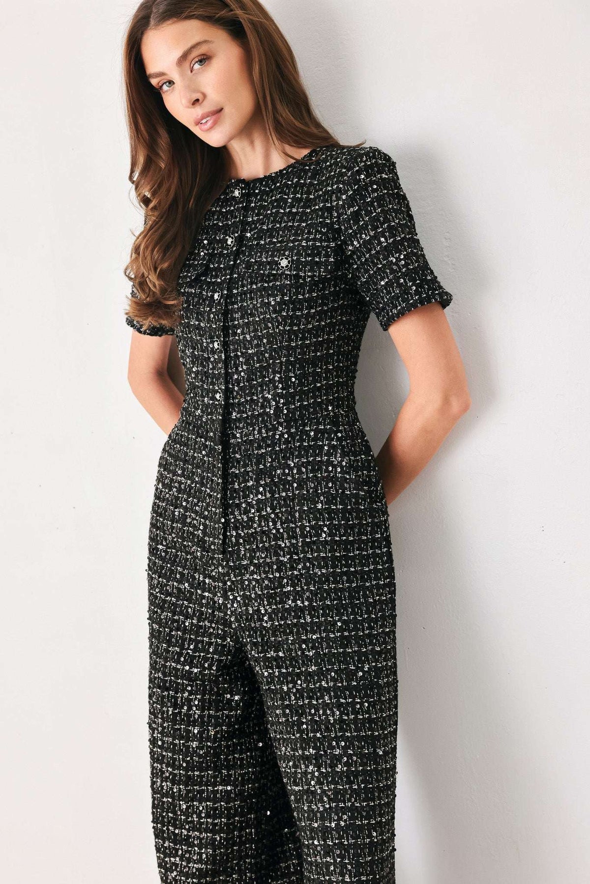 MIDNIGHT TWEED BLACK SEQUIN WIDE-LEG JUMPSUIT - Flying Tomato - Flyclothing LLC