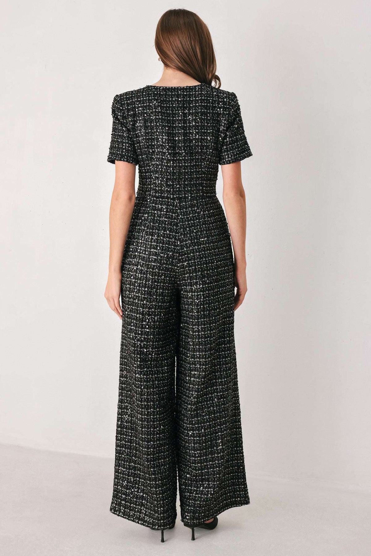 MIDNIGHT TWEED BLACK SEQUIN WIDE-LEG JUMPSUIT - Flying Tomato - Flyclothing LLC