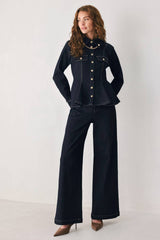 INDIGO ICON DARK INDIGO BUTTON-DETAIL WIDE-LEG JEANS - Flying Tomato - Flyclothing LLC