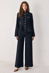 INDIGO ICON DARK INDIGO BUTTON-DETAIL WIDE-LEG JEANS - Flying Tomato - Flyclothing LLC