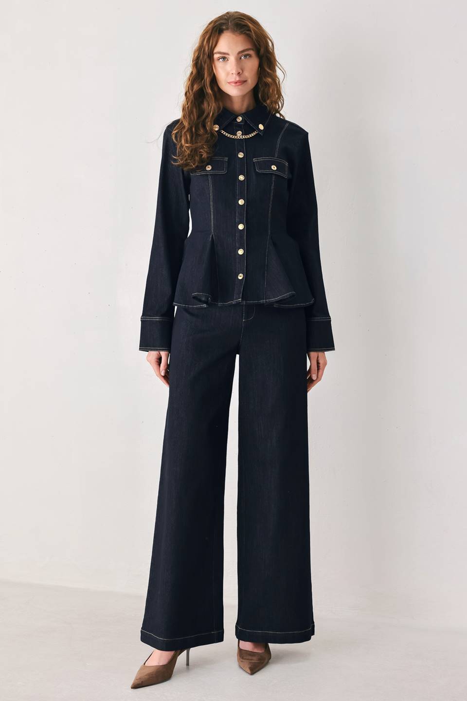 INDIGO ICON DARK INDIGO BUTTON-DETAIL WIDE-LEG JEANS - Flying Tomato - Flyclothing LLC