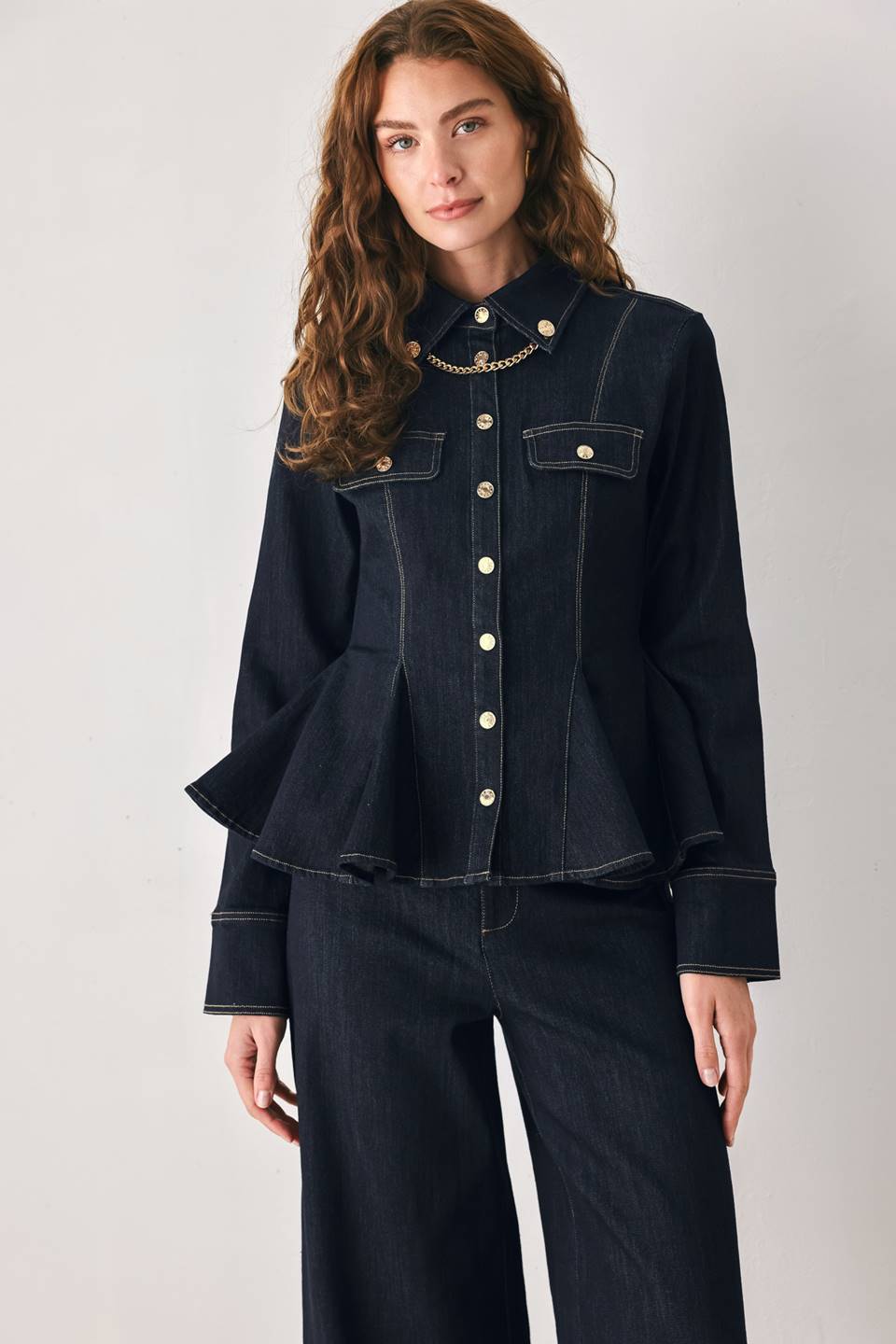 INDIGO ICON DARK INDIGO BUTTON-DETAIL WIDE-LEG JEANS - Flying Tomato - Flyclothing LLC