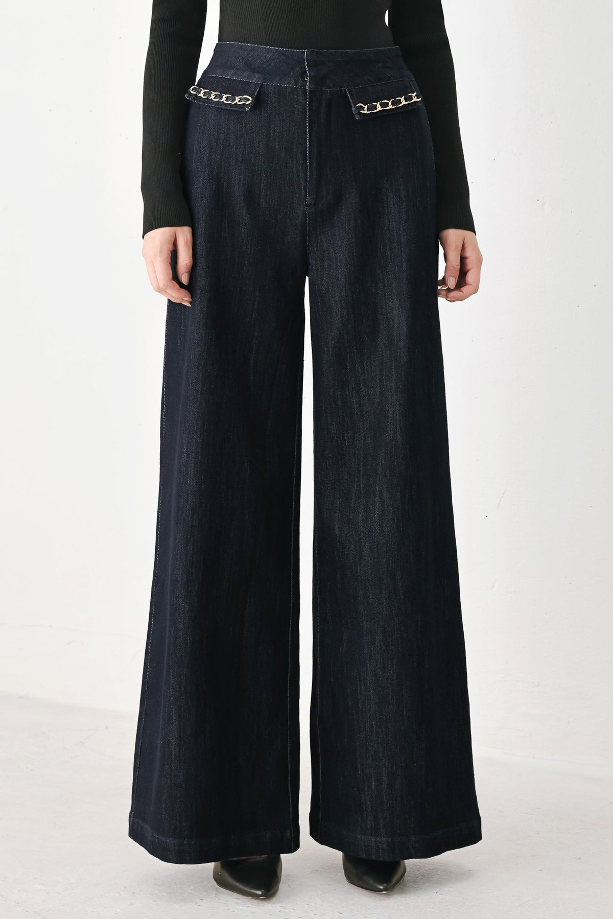 AFTER HOURS INDIGO CHAIN-TRIM WIDE-LEG JEANS - Flying Tomato - Flyclothing LLC