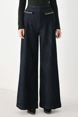 AFTER HOURS INDIGO CHAIN-TRIM WIDE-LEG JEANS - Flying Tomato - Flyclothing LLC