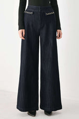 AFTER HOURS INDIGO CHAIN-TRIM WIDE-LEG JEANS - Flying Tomato - Flyclothing LLC
