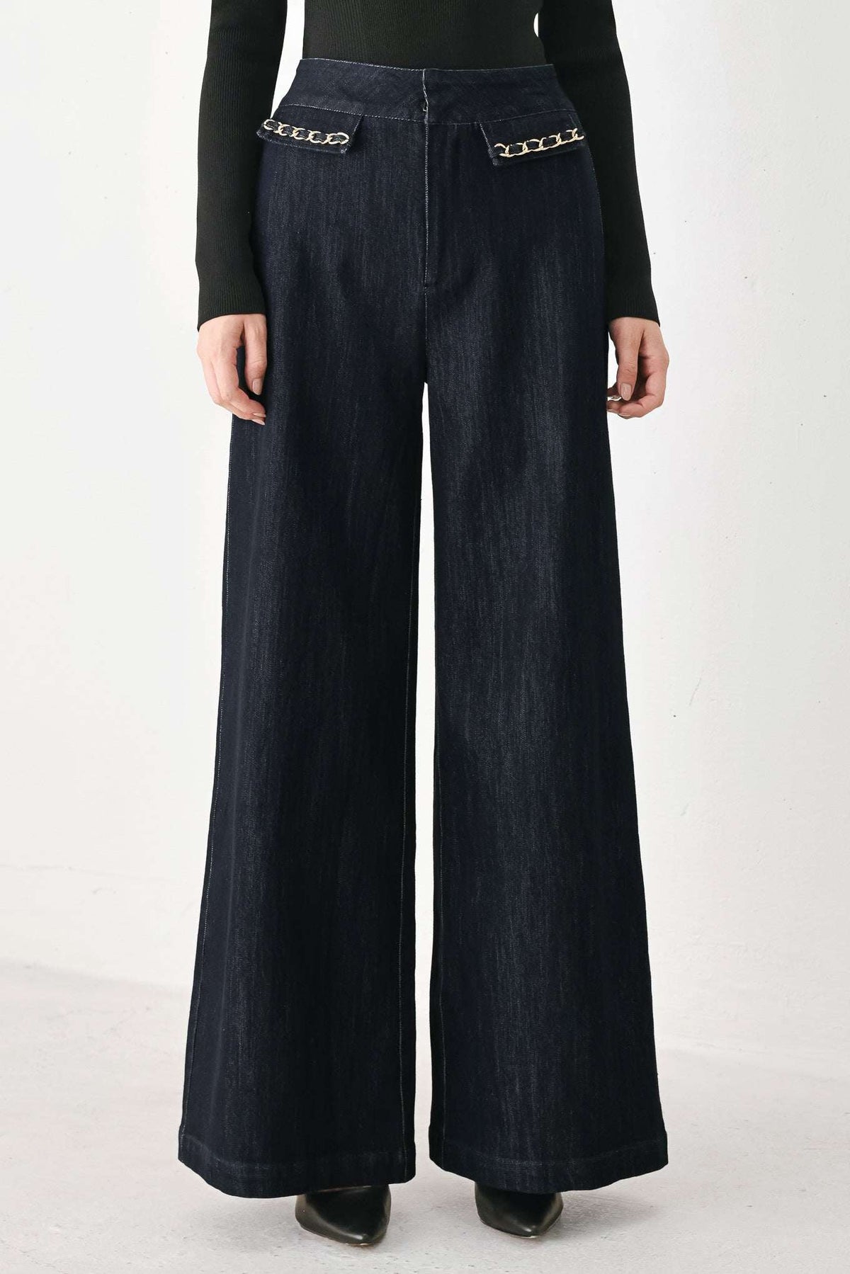 AFTER HOURS INDIGO CHAIN-TRIM WIDE-LEG JEANS - Flying Tomato - Flyclothing LLC