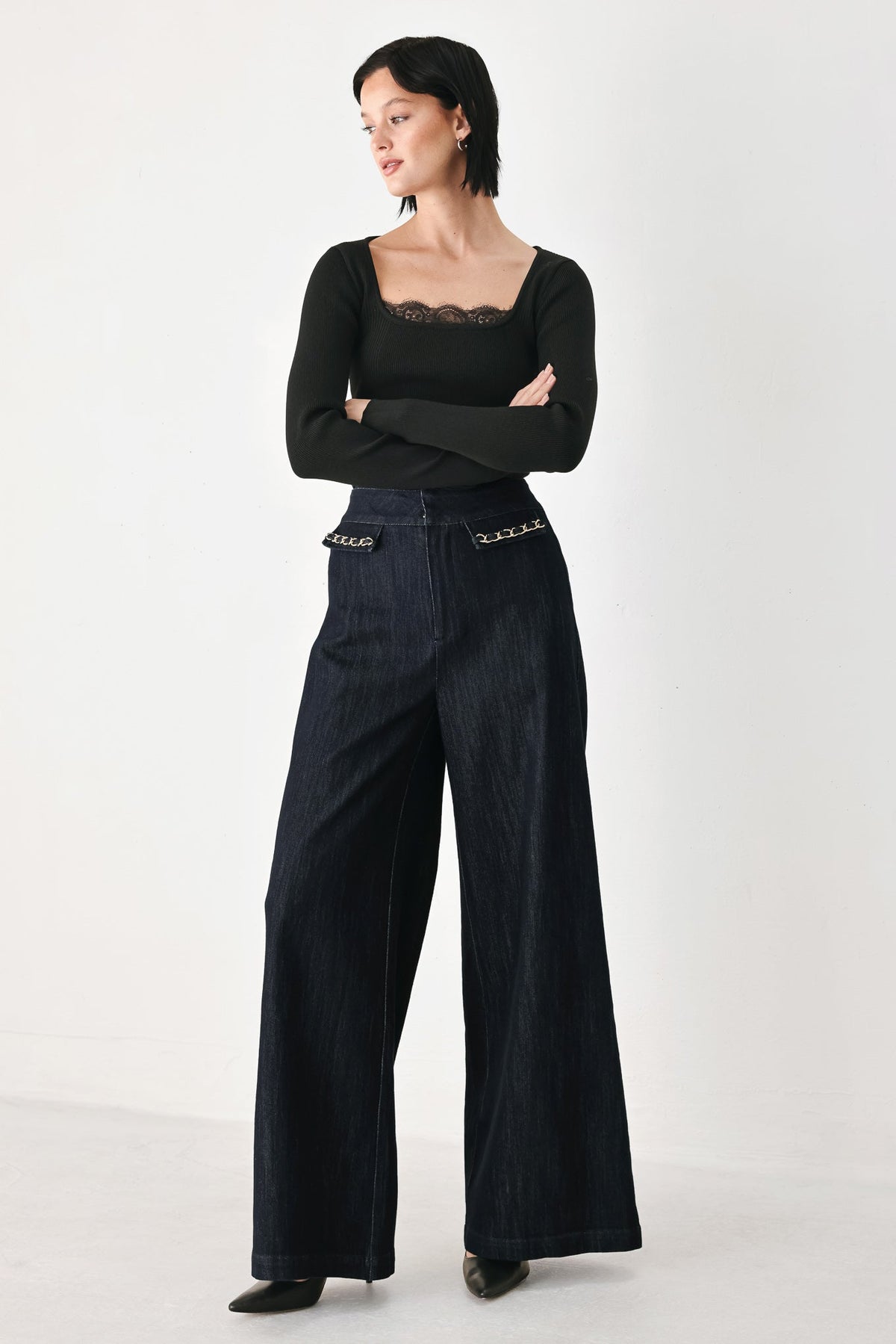 AFTER HOURS INDIGO CHAIN-TRIM WIDE-LEG JEANS - Flying Tomato - Flyclothing LLC