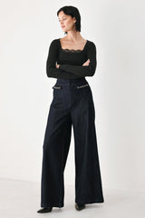 AFTER HOURS INDIGO CHAIN-TRIM WIDE-LEG JEANS - Flying Tomato - Flyclothing LLC