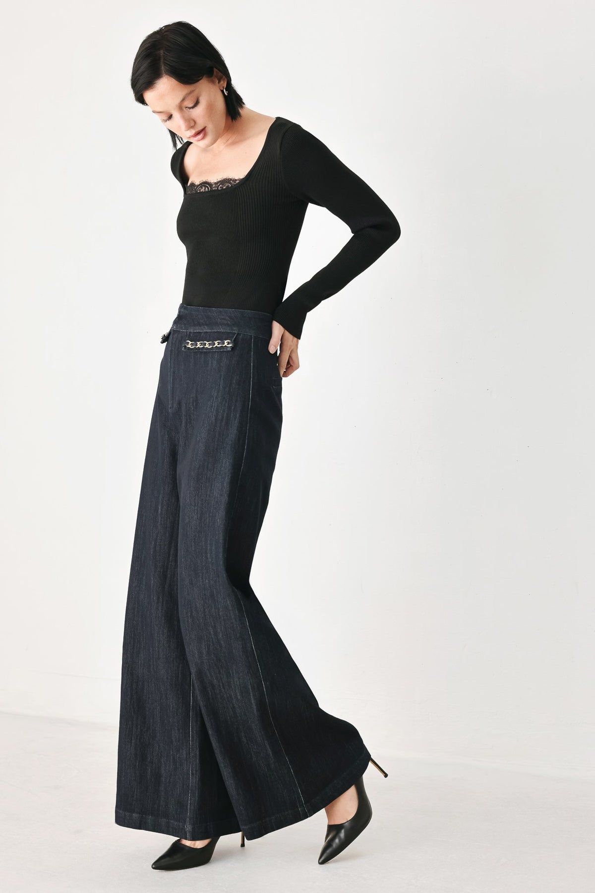 AFTER HOURS INDIGO CHAIN-TRIM WIDE-LEG JEANS - Flying Tomato - Flyclothing LLC