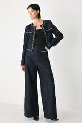 AFTER HOURS INDIGO CHAIN-TRIM WIDE-LEG JEANS - Flying Tomato - Flyclothing LLC