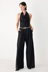 MIDNIGHT POISE BLACK HALTER BELTED WIDE-LEG JUMPSUIT - Flying Tomato - Flyclothing LLC