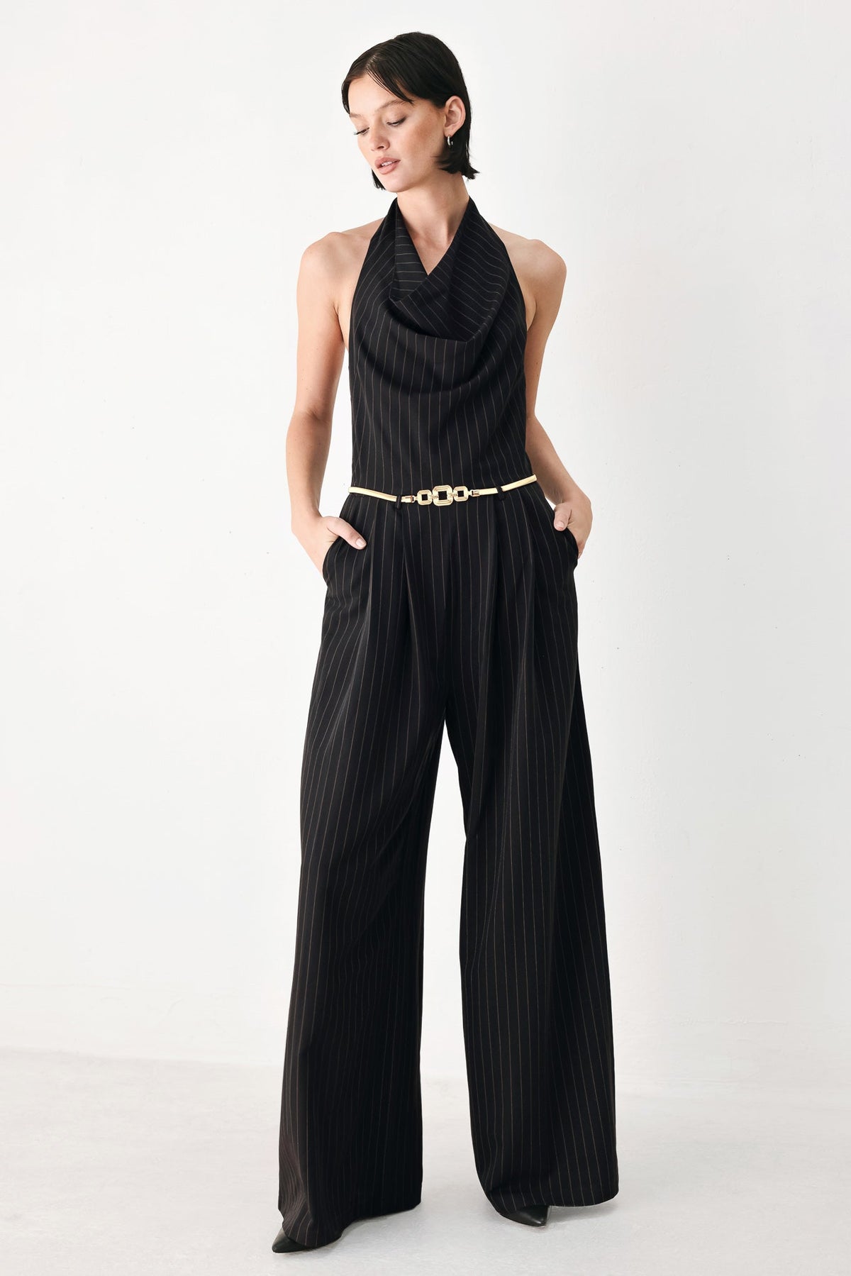 MIDNIGHT POISE BLACK HALTER BELTED WIDE-LEG JUMPSUIT - Flying Tomato - Flyclothing LLC