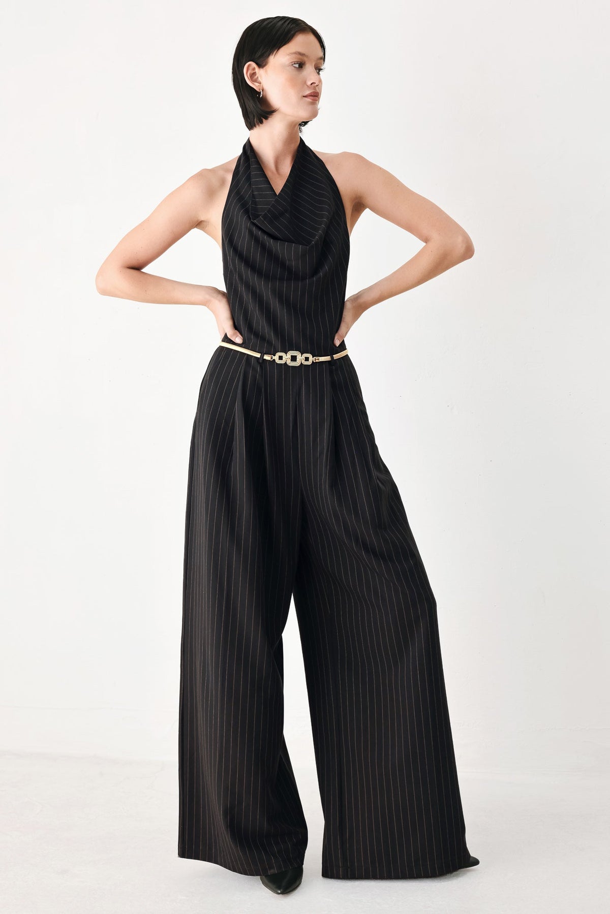 MIDNIGHT POISE BLACK HALTER BELTED WIDE-LEG JUMPSUIT - Flying Tomato - Flyclothing LLC