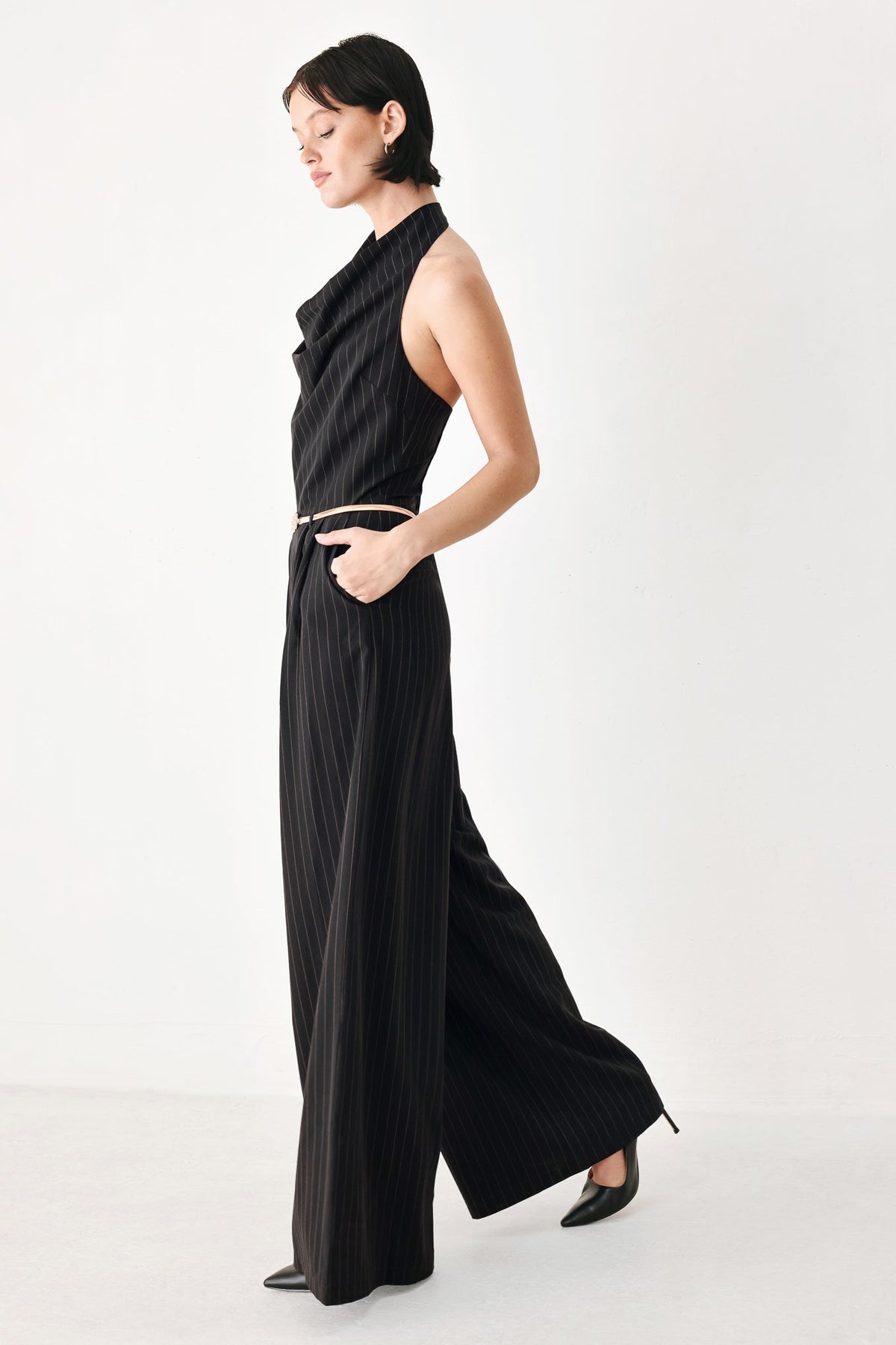 MIDNIGHT POISE BLACK HALTER BELTED WIDE-LEG JUMPSUIT - Flying Tomato - Flyclothing LLC